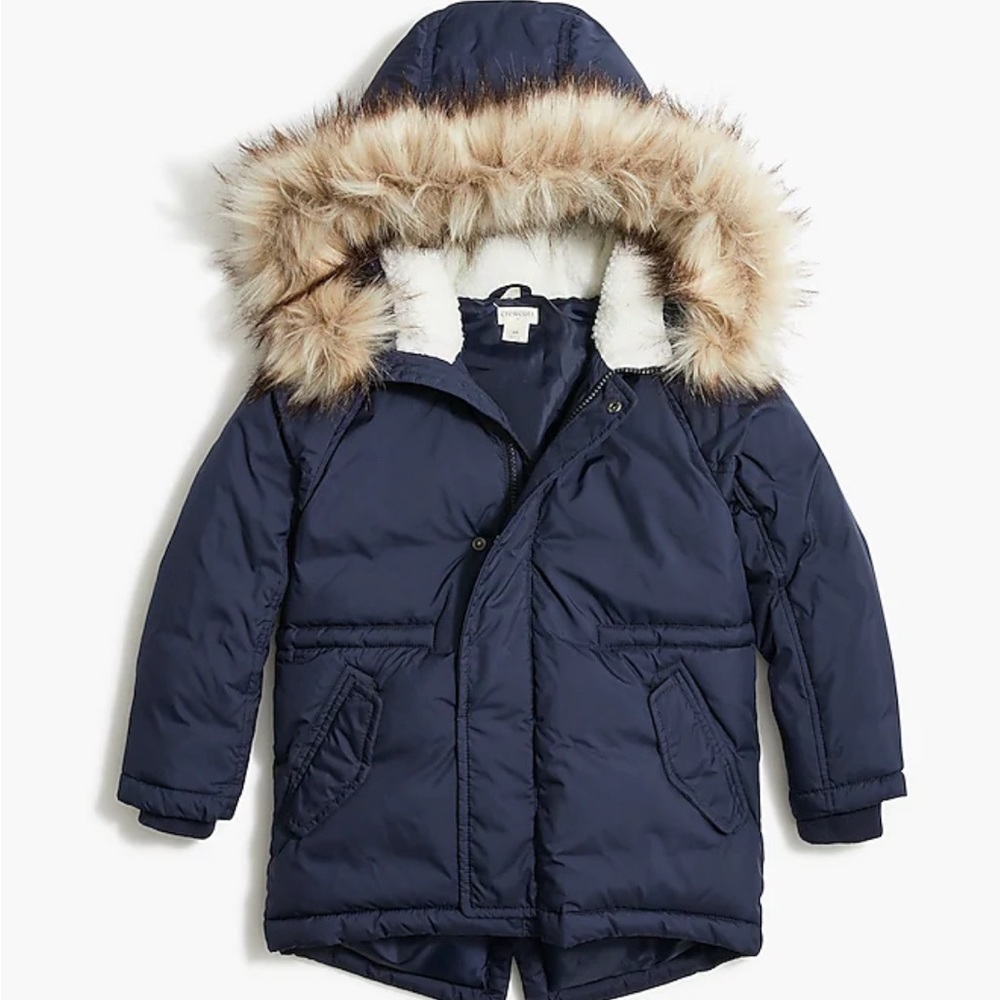 J. Crew Factory Kids Navy Parka with Faux Fur Trim